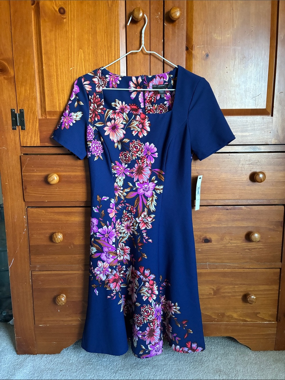 Maggy London Navy Midi Dress with Pink & Purple Floral Print